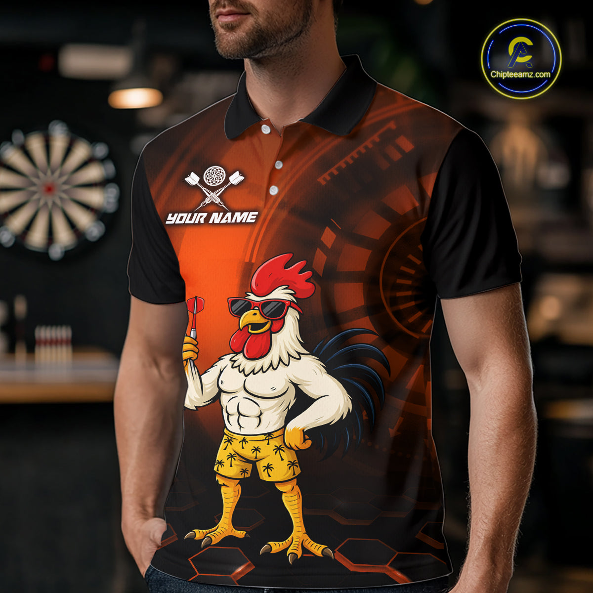 Custom Orange Funny Chicken Darts Shirt for Men Darts Team Jerseys Polo & 1/4 Zip Dart League NNT131