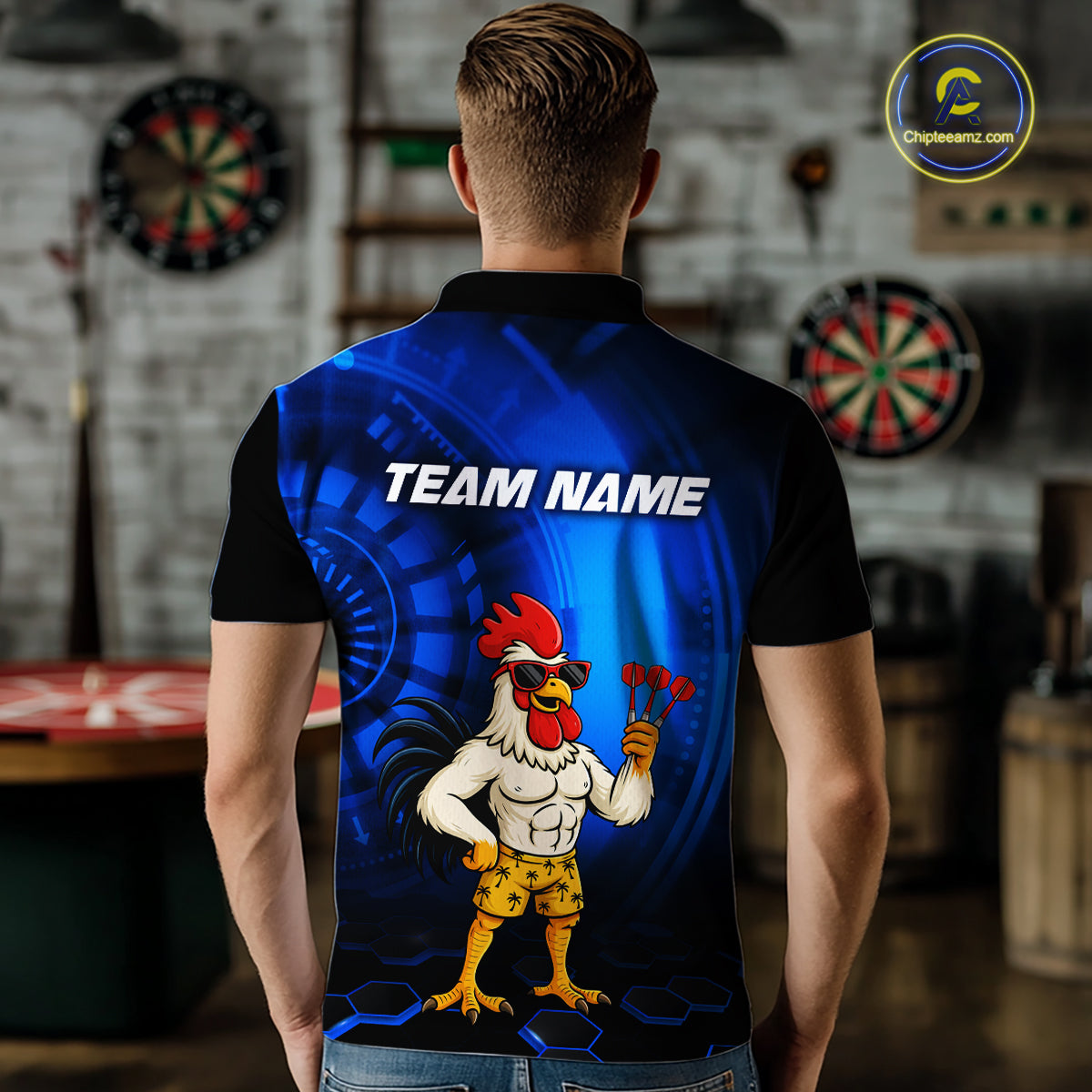 Custom Blue Funny Chicken Darts Shirt for Men Darts Team Jerseys Polo & 1/4 Zip Dart League NNT131