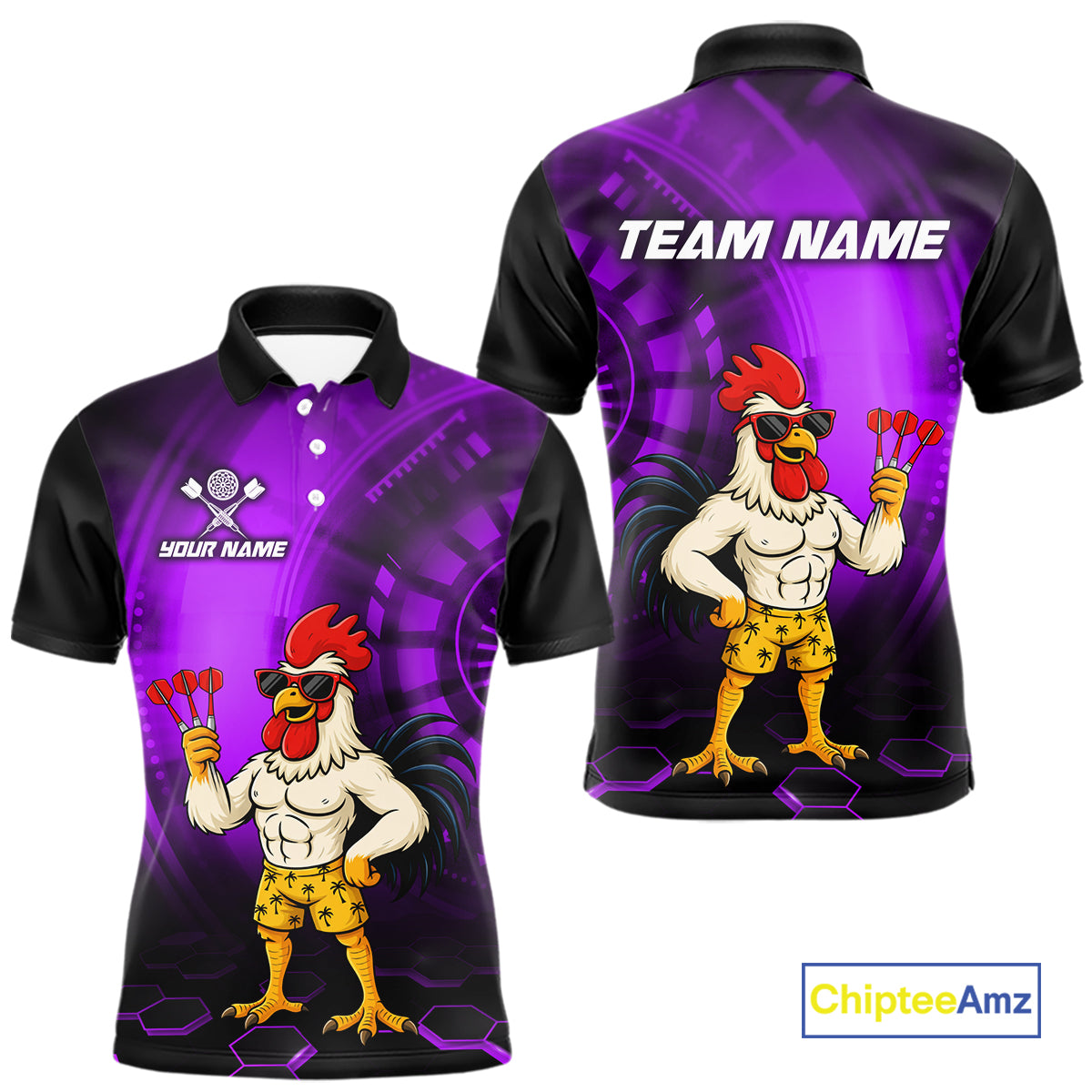 Custom Purple Funny Chicken Darts Shirt for Men Darts Team Jerseys Polo & 1/4 Zip Dart League NNT131