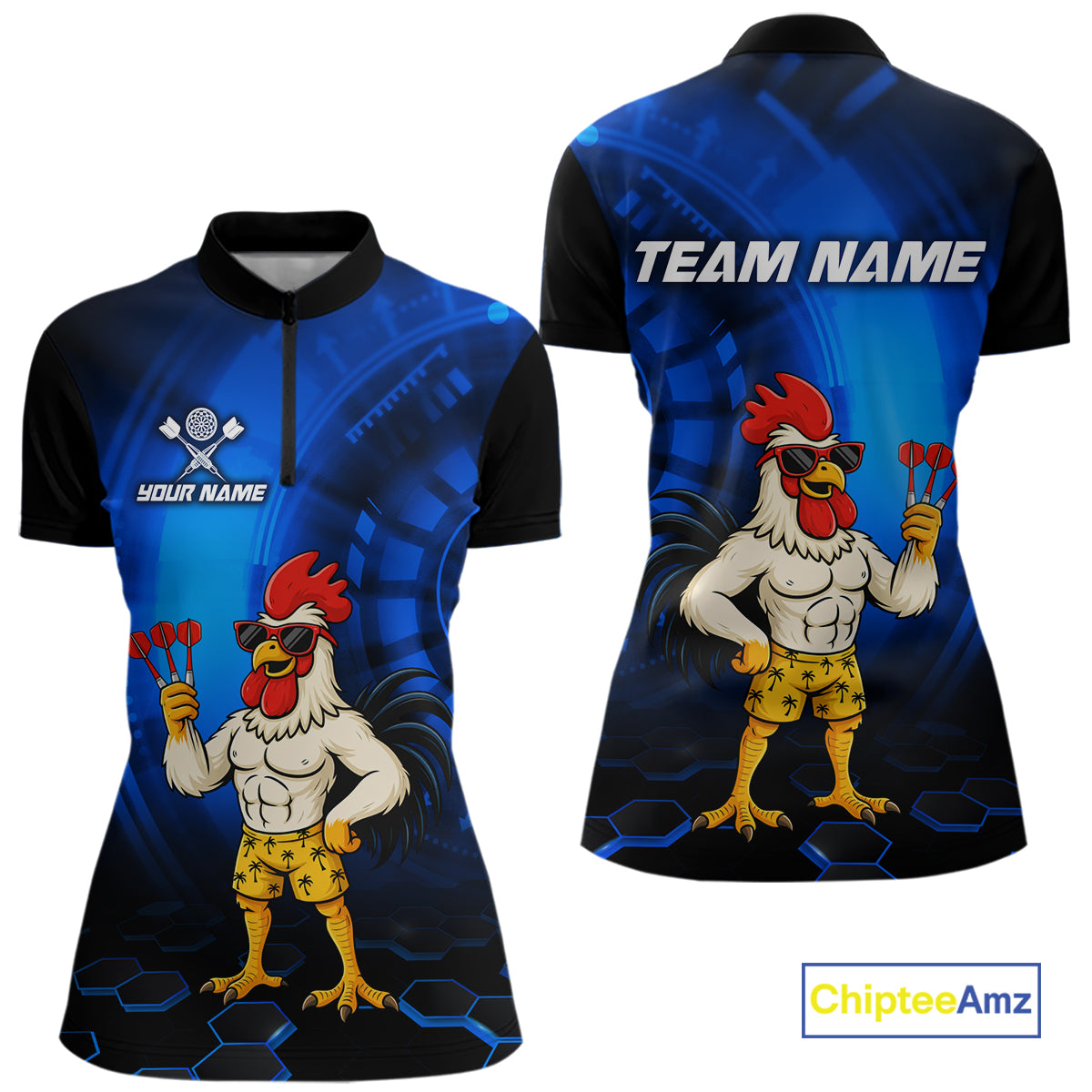 Custom Blue Funny Chicken Darts Shirt for Women Darts Team Jerseys Polo & 1/4 Zip Dart League NNT131