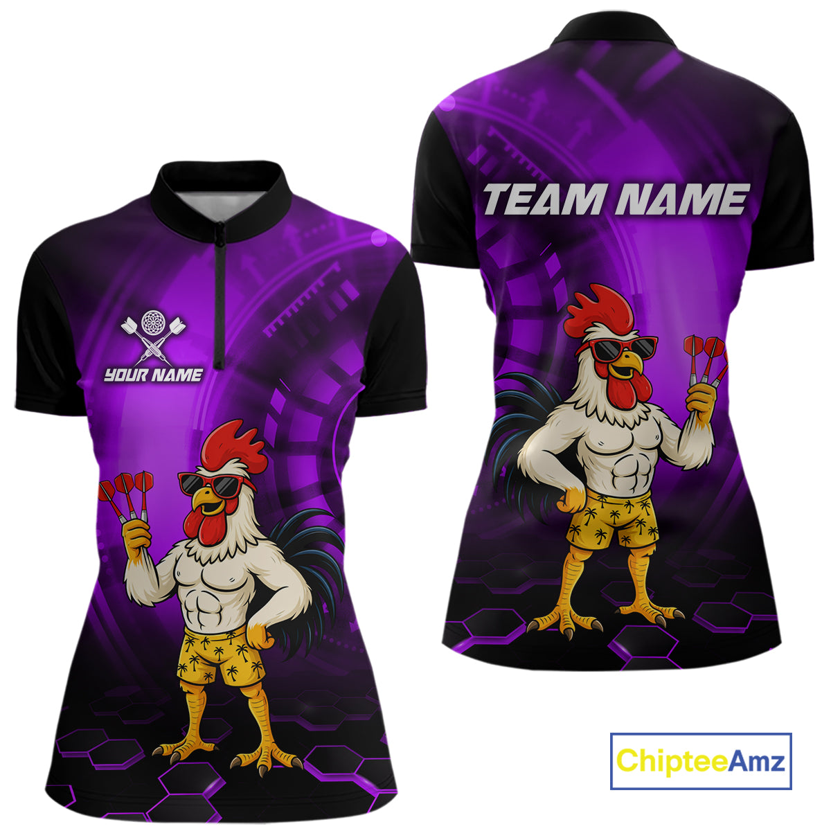 Custom Purple Funny Chicken Darts Shirt for Women Darts Team Jerseys Polo & 1/4 Zip Dart League NNT131