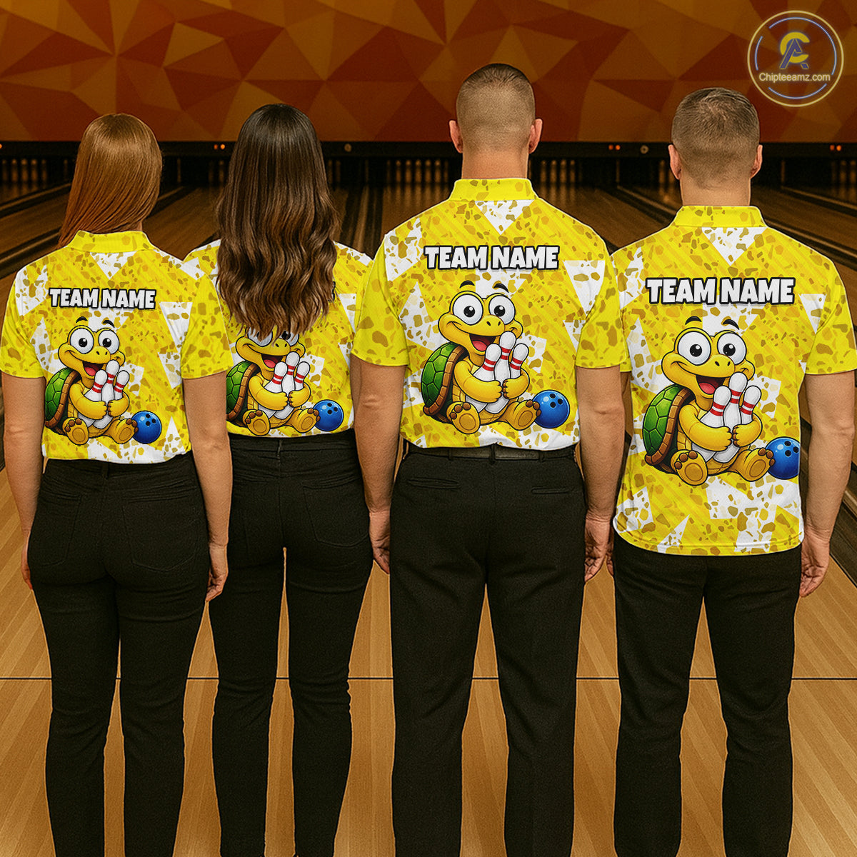 Four people wearing matching yellow bowling shirts with turtle characters and 'Team Name' text at a bowling alley.
