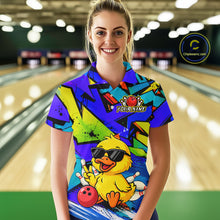 Load image into Gallery viewer, Person wearing a colorful bowling shirt with a duck graphic in a bowling alley.