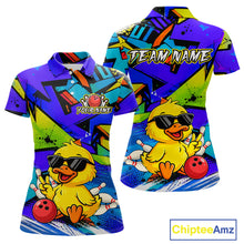 Load image into Gallery viewer, Colorful polo shirts with a cartoon duck design and customizable text on a white background.