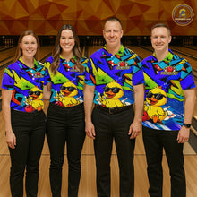 Load image into Gallery viewer, Four people wearing a vibrant blue bowling polo featuring a cartoon duck in sunglasses, bowling pins, a red bowling ball, and personalized name and team name text.