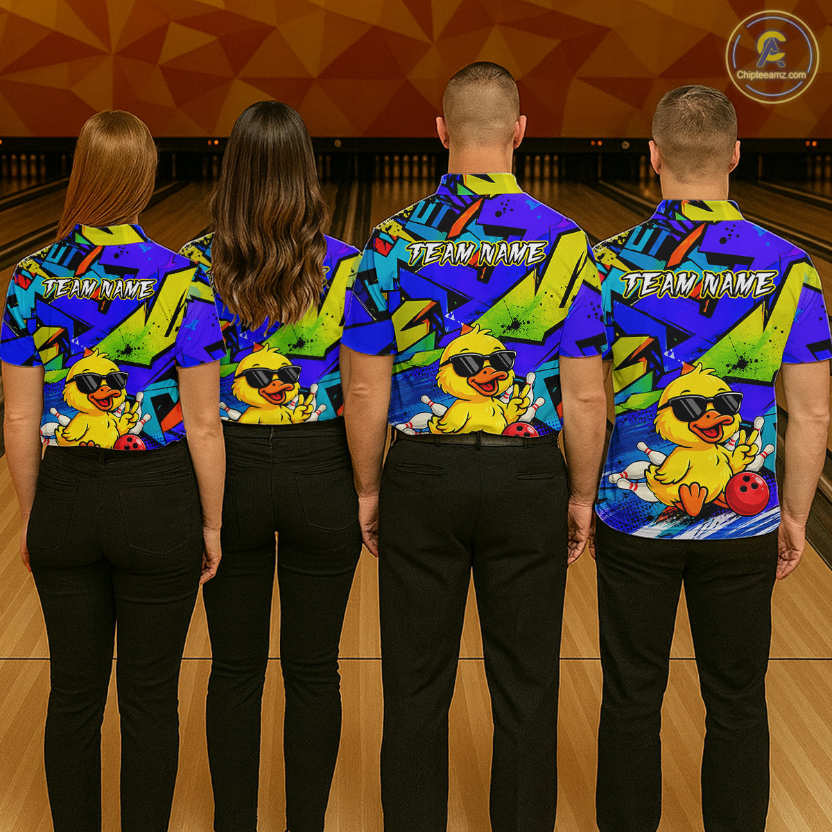 Four people wearing a vibrant blue bowling polo featuring a cartoon duck in sunglasses, bowling pins, a red bowling ball, and personalized name and team name text.