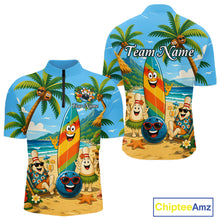 Load image into Gallery viewer, Front and back views of a sky blue bowling quarter zip with a tropical beach scene, smiling bowling ball and pins, colorful surfboard, palm trees, and personalized name and team name text.