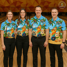 Load image into Gallery viewer, Four people wearing sky blue bowling polo with a tropical beach scene, smiling bowling ball and pins, colorful surfboard, palm trees, and personalized name 