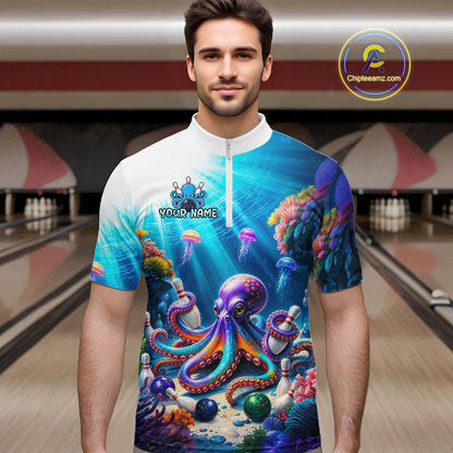 Man wearing a colorful shirt with an octopus design in a bowling alley.