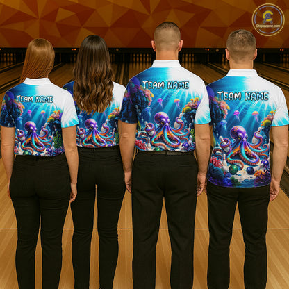 Four people wearing colorful bowling shirts with octopus designs and 'Team Name' text in a bowling alley.