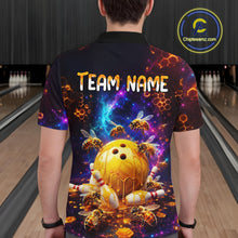Load image into Gallery viewer, Man bowling posing in matching dark cosmic shirts with honeycomb patterns, bees, dripping golden bowling balls, and custom name text.