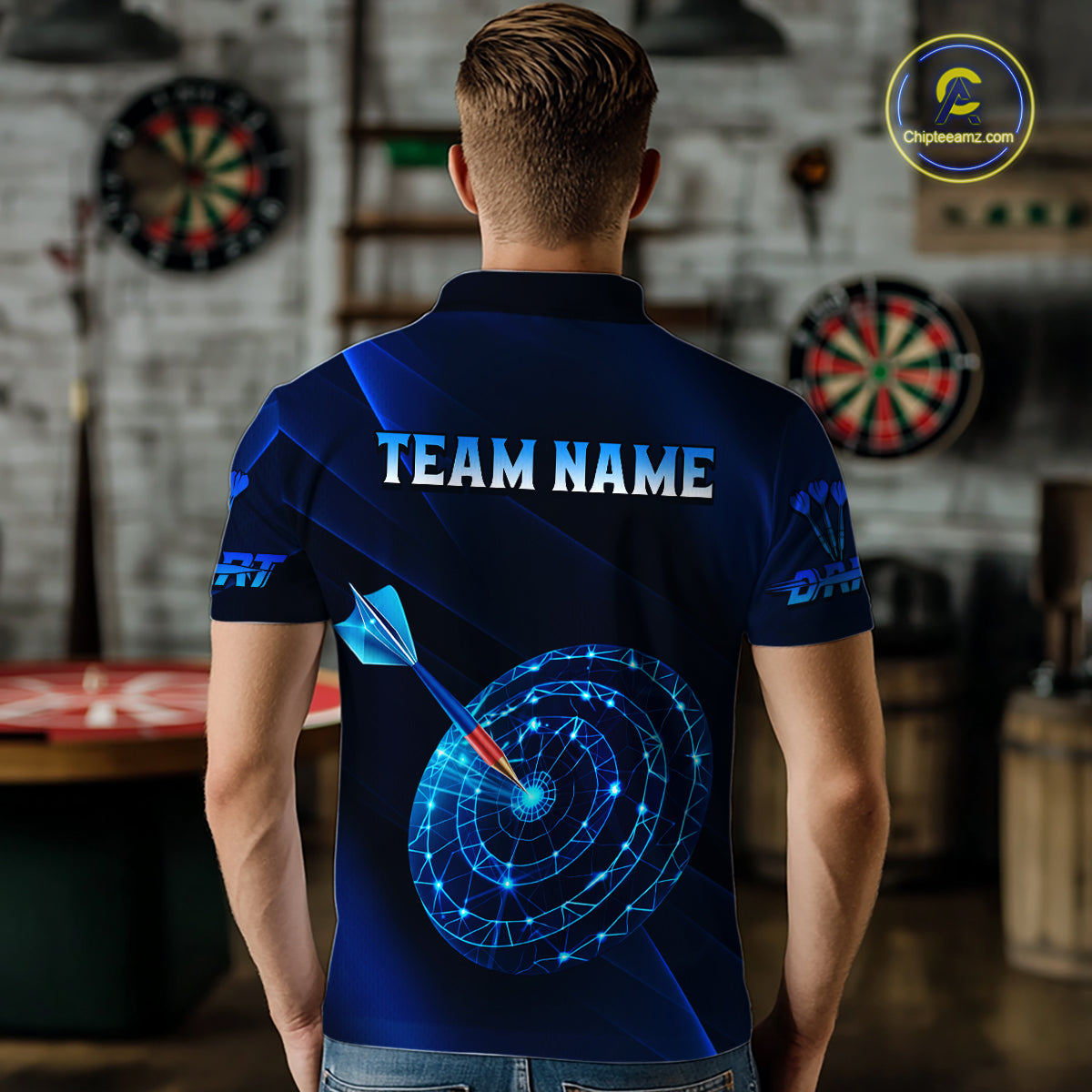 Custom Neon Blue Cyber Dartboard Darts Shirt for Men Darts Team Jerseys Polo & 1/4 Zip NNT132