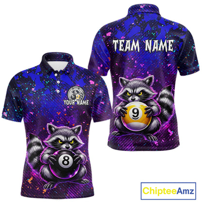 Front and back views of a purple and blue billiards polo shirt featuring a raccoon holding 8-ball and 9-ball graphics with custom team name text.