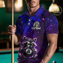 Load image into Gallery viewer, Man wearing a colorful polo shirt with a raccoon design holding a pool cue on a pool table.