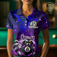 Load image into Gallery viewer, Woman wearing a colorful polo shirt with a raccoon 8 ball and 9 ball design on a pool table.