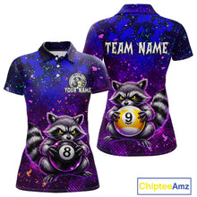 Load image into Gallery viewer, Front and back views of a purple and blue billiards polo shirt featuring a raccoon holding 8-ball and 9-ball graphics with custom team name text.