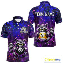 Load image into Gallery viewer, Front and back views of a purple and blue billiards polo shirt featuring a raccoon holding 8-ball and 9-ball graphics with custom team name text.