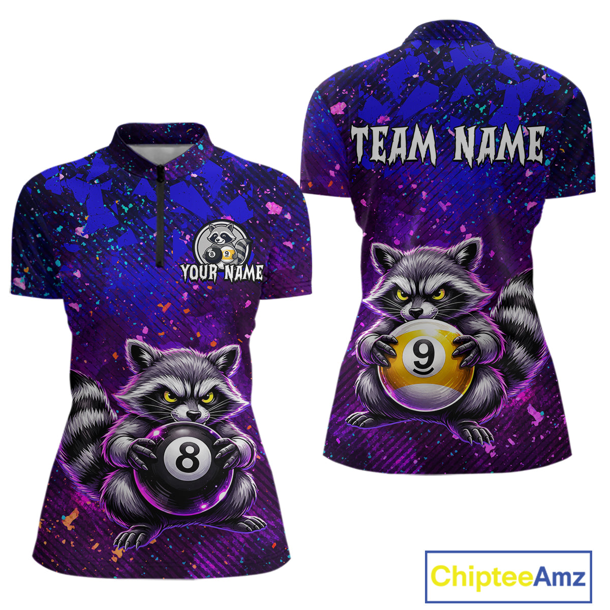 Front and back views of a purple and blue billiards quarter zip shirt featuring a raccoon holding 8-ball and 9-ball graphics with custom team name text.