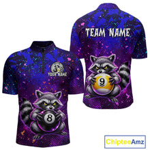Load image into Gallery viewer, Front and back views of a purple and blue billiards quarter zip shirt featuring a raccoon holding 8-ball and 9-ball graphics with custom team name text.