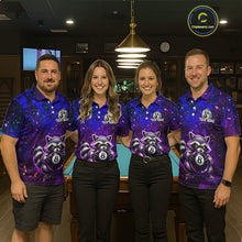 Load image into Gallery viewer, Four people wearing matching purple shirts with raccoon graphics in a bar setting.
