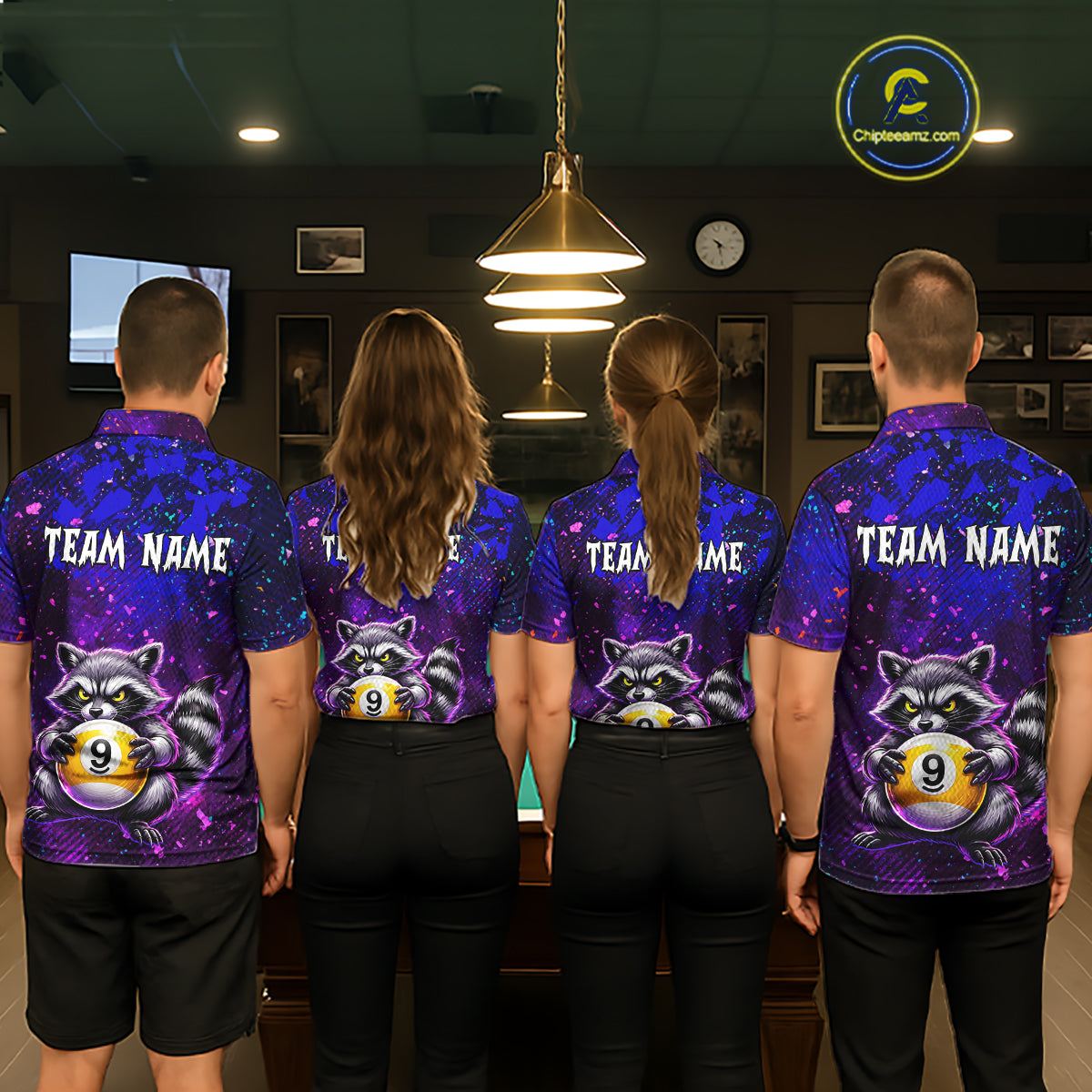 Four people wearing matching purple billiard shirts with raccoon and pool ball designs in a billiard league