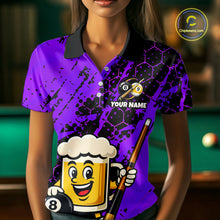 Load image into Gallery viewer, Woman wearing a bright purple billiards polo with black splatter graphics, custom “YOUR NAME” text, and a smiling beer mug mascot holding a pool cue.