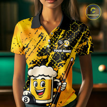 Load image into Gallery viewer, Woman wearing a bright yellow billiards polo with black splatter graphics, custom “YOUR NAME” text, and a smiling beer mug mascot holding a pool cue.