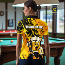 Load image into Gallery viewer, Woman wearing a bright yellow billiards polo with black splatter graphics, custom “TEAM NAME” text, and a smiling beer mug mascot holding a pool cue.