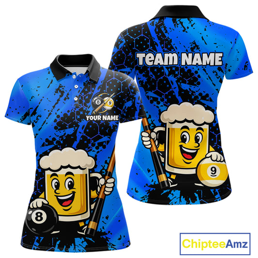 Custom pool team shirt featuring a cartoon beer mug character, 8-ball and 9-ball graphics, and personalized “TEAM NAME” and “YOUR NAME” text areas.