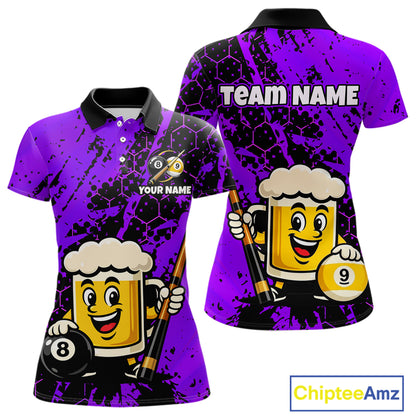 Custom pool team shirt featuring a cartoon beer mug character, 8-ball and 9-ball graphics, and personalized “TEAM NAME” and “YOUR NAME” text areas.