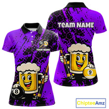 Load image into Gallery viewer, Custom pool team shirt featuring a cartoon beer mug character, 8-ball and 9-ball graphics, and personalized “TEAM NAME” and “YOUR NAME” text areas.