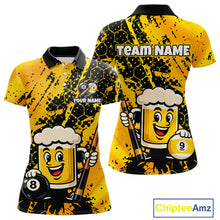 Load image into Gallery viewer, Custom pool team shirt featuring a cartoon beer mug character, 8-ball and 9-ball graphics, and personalized “TEAM NAME” and “YOUR NAME” text areas.