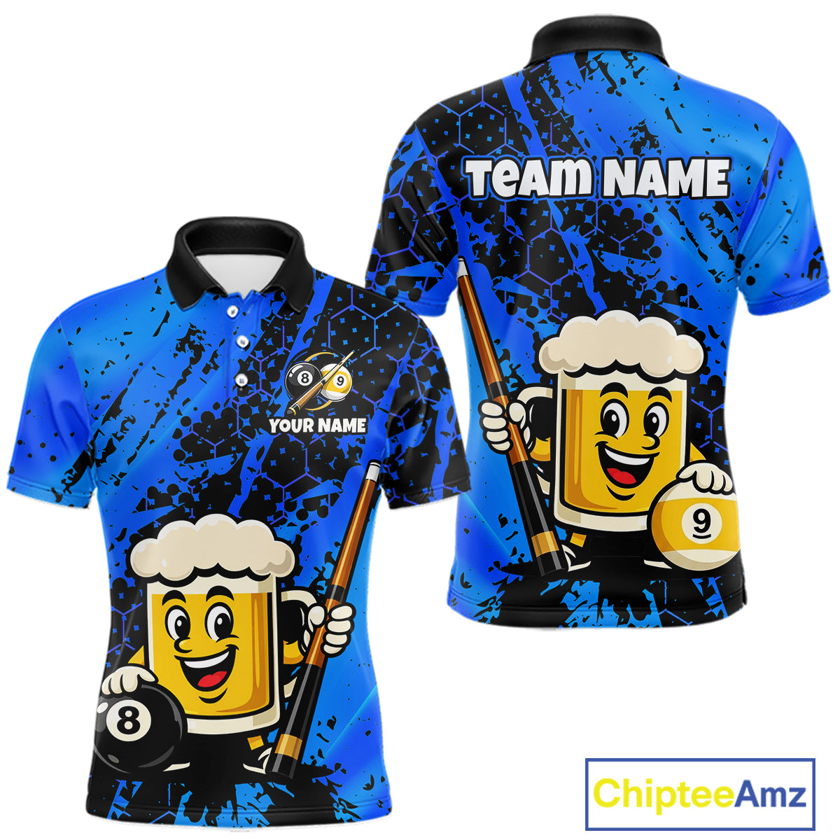 Custom pool team shirt featuring a cartoon beer mug character, 8-ball and 9-ball graphics, and personalized “TEAM NAME” and “YOUR NAME” text areas.
