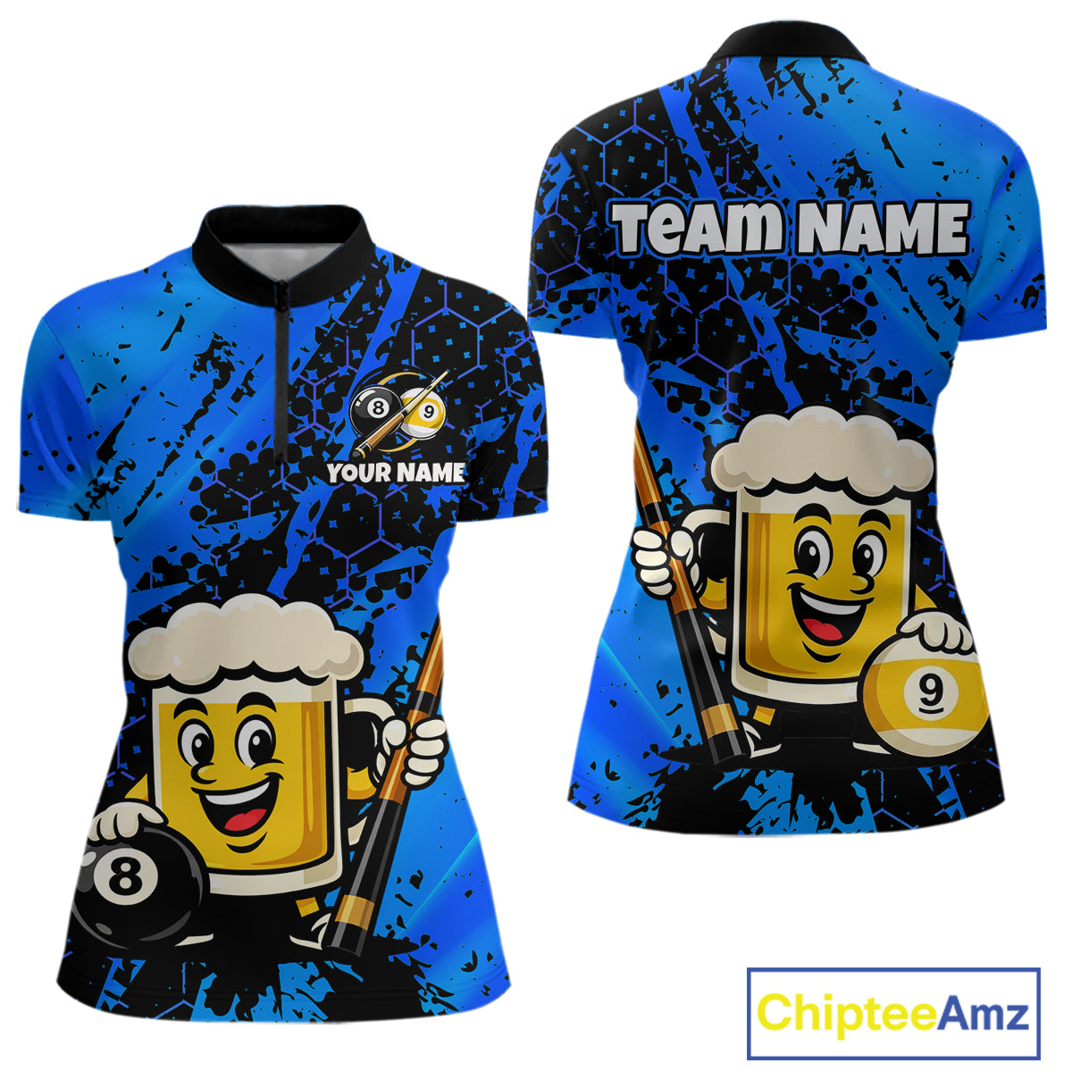 Custom pool team shirt featuring a cartoon beer mug character, 8-ball and 9-ball graphics, and personalized “TEAM NAME” and “YOUR NAME” text areas.