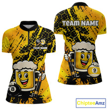 Load image into Gallery viewer, Custom pool team shirt featuring a cartoon beer mug character, 8-ball and 9-ball graphics, and personalized “TEAM NAME” and “YOUR NAME” text areas.