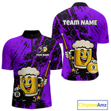 Load image into Gallery viewer, Custom pool team shirt featuring a cartoon beer mug character, 8-ball and 9-ball graphics, and personalized “TEAM NAME” and “YOUR NAME” text areas.