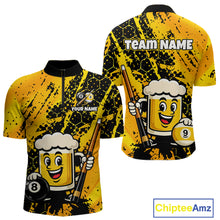 Load image into Gallery viewer, Custom pool team shirt featuring a cartoon beer mug character, 8-ball and 9-ball graphics, and personalized “TEAM NAME” and “YOUR NAME” text areas.