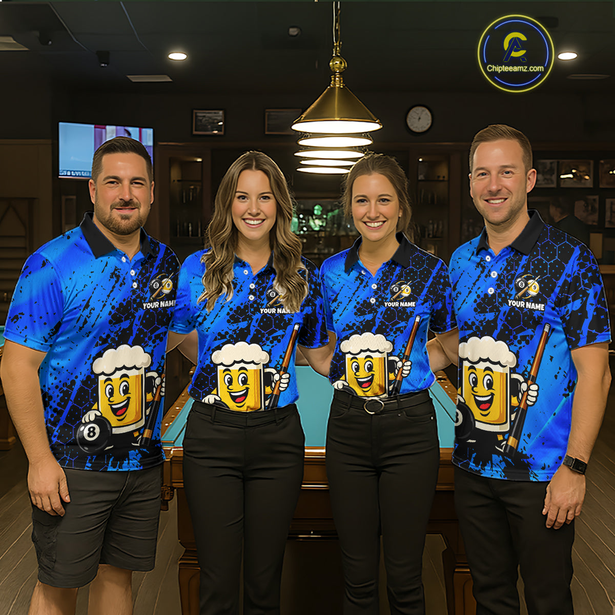 Four people wearing a bright blue billiards polo with black splatter graphics, custom “YOUR NAME” text, and a smiling beer mug mascot holding a pool cue.