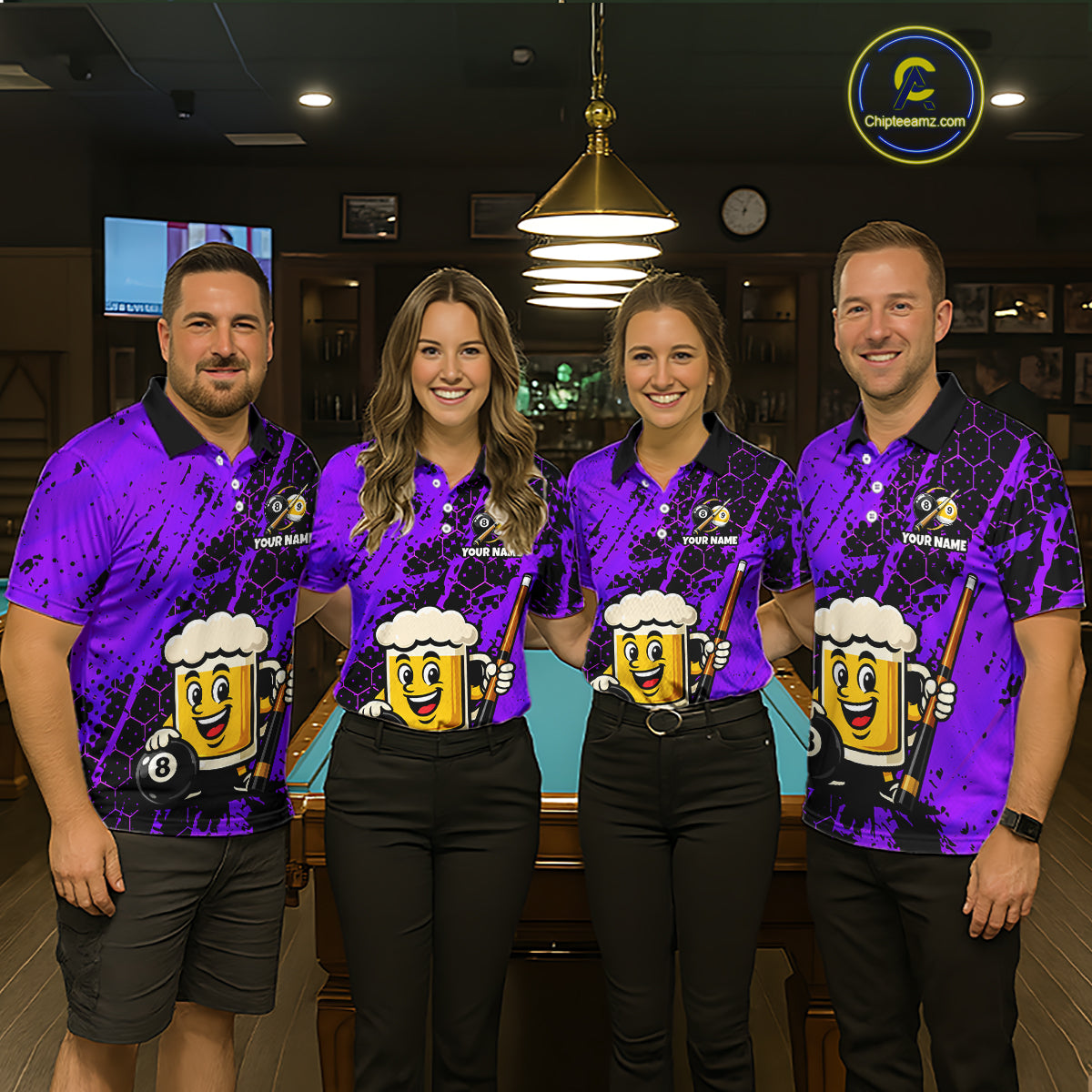 Four teammates in a billiards hall wearing matching purple funny beer-themed pool polos, sleeve name text, and large 8-ball graphics.