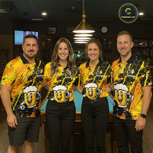 Load image into Gallery viewer, Four people wearing a bright yellow billiards polo with black splatter graphics, custom “YOUR NAME” text, and a smiling beer mug mascot holding a pool cue.