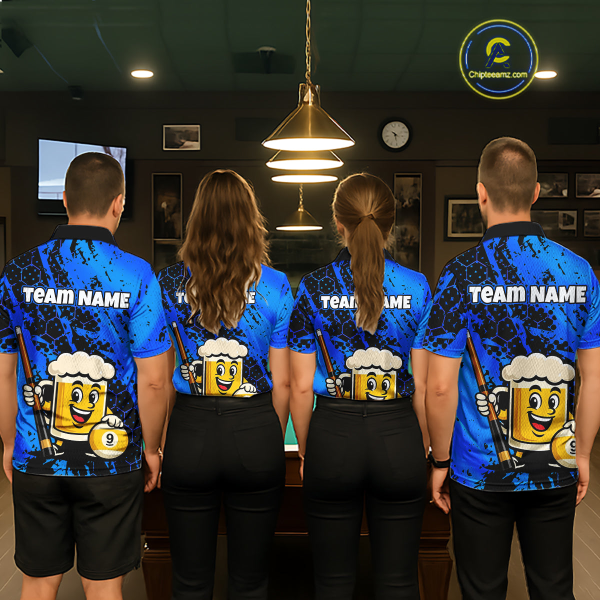 Four teammates in a billiards hall wearing matching blue funny beer-themed pool polos, sleeve name text, and large 9-ball graphics.