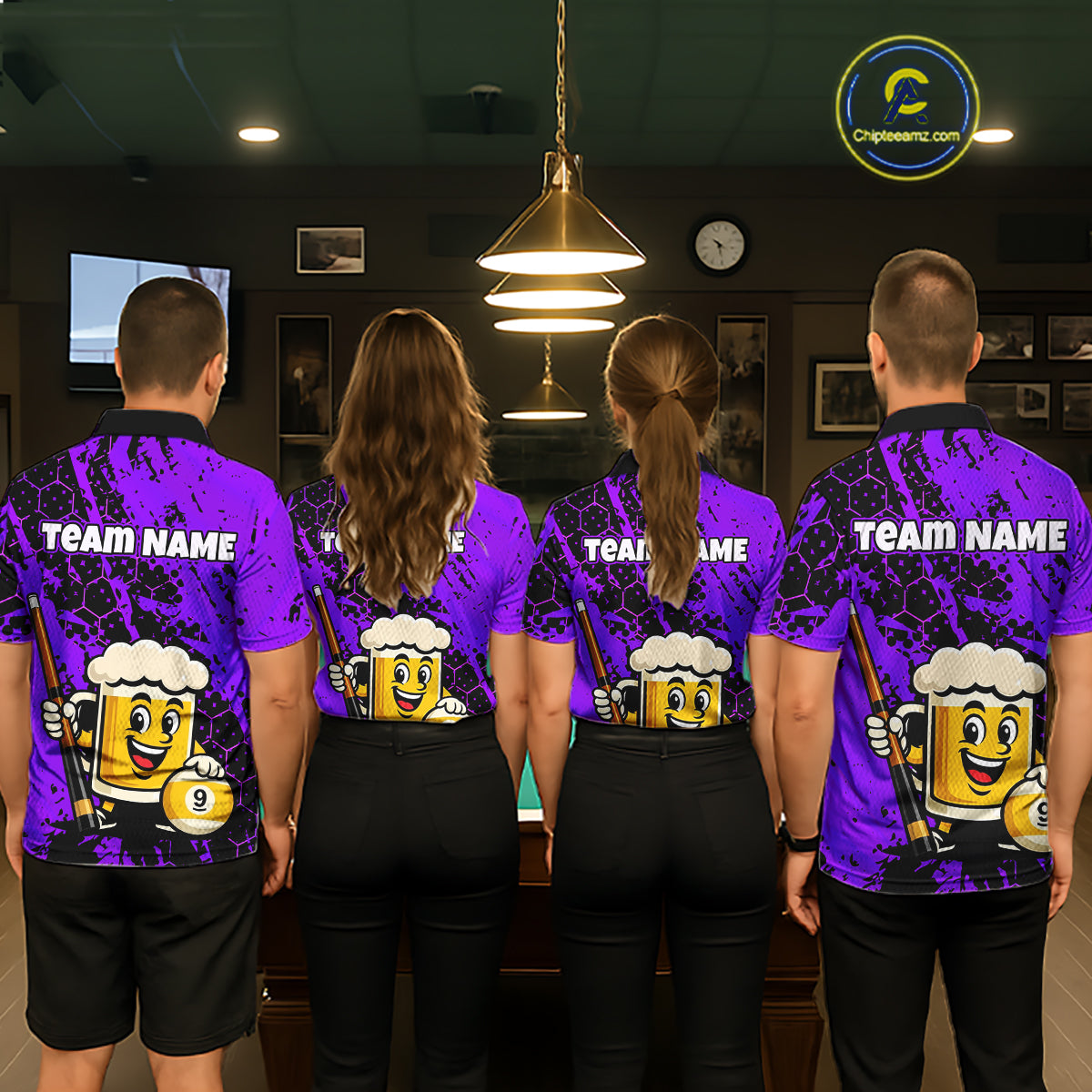 Four teammates in a billiards hall wearing matching purple funny beer-themed pool polos, sleeve name text, and large 9-ball graphics.