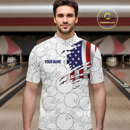 A man wearing a white bowling-themed short-sleeve shirt with a distressed American flag graphic and bowling pins pattern, standing in a bowling alley. The shirt has 'YOUR NAME' printed on the chest.