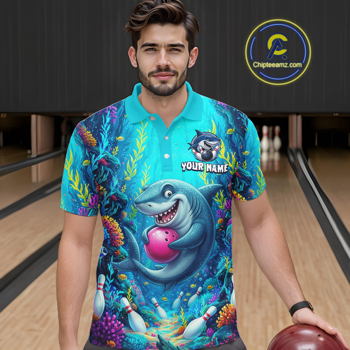 Custom Ocean Funny Shark Bowling Jersey for Men Funny Bowling Team Shirts Bowling Uniform HNT300