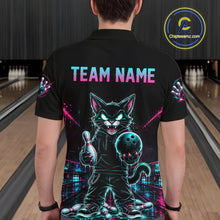 Load image into Gallery viewer, A person viewed from behind wearing a black short-sleeve bowling-themed shirt with a large neon cat graphic and the words 'TEAM NAME' across the upper back. The background shows bowling lanes, and a circular Chipteameinz.