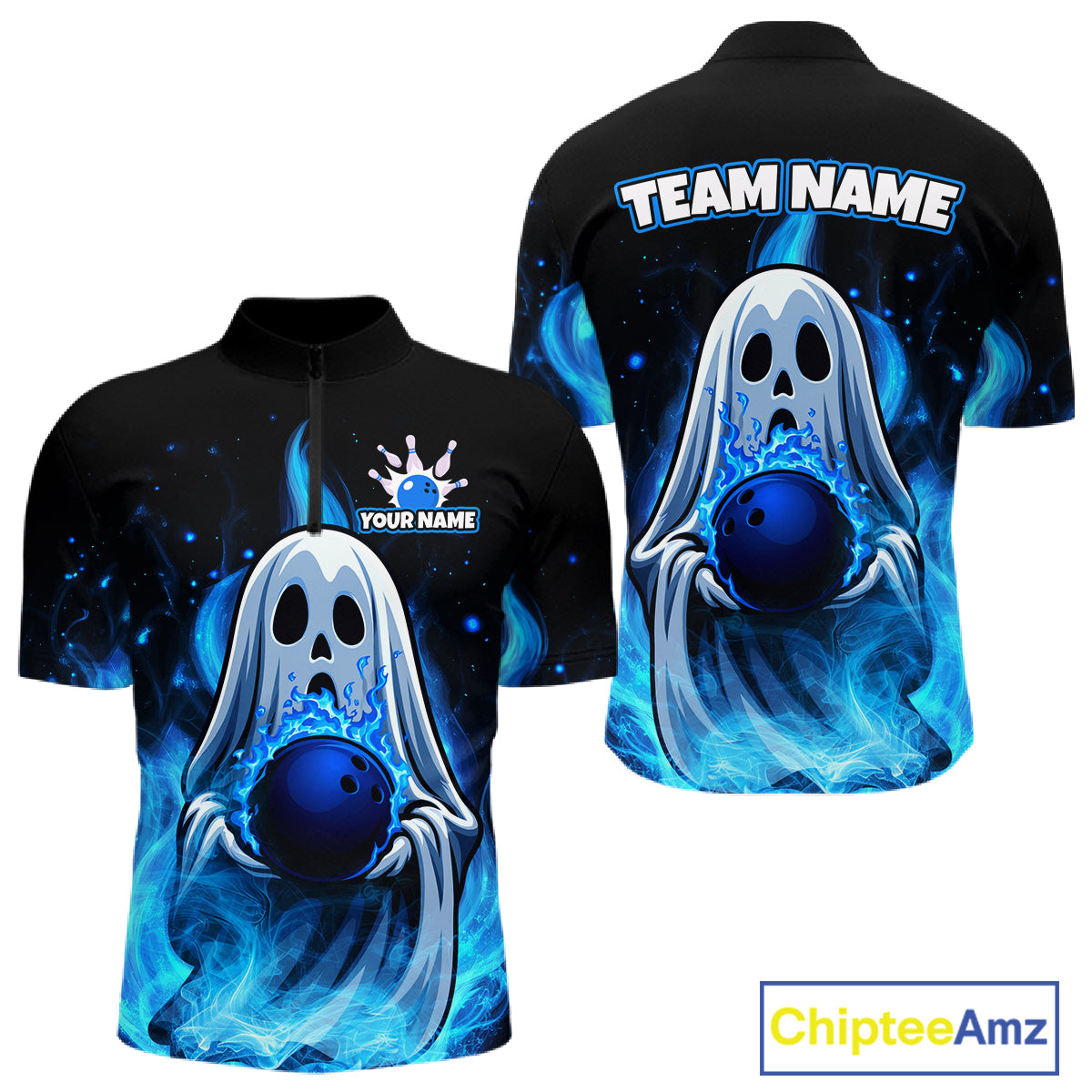 Custom Blue Flame Ghost Bowling Team Shirts, Bowling Shirts For Men Bowling Jersey HNT466