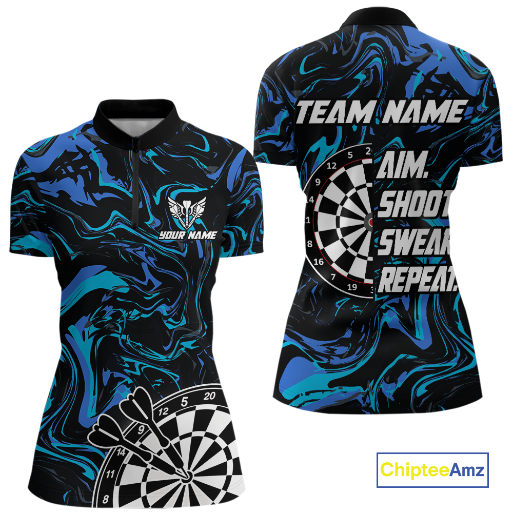 Turquoise-Blue Pattern Aim Shoot Swear Repeat Darts Team Jerseys Dart Shirts For Women NNT168