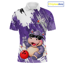 Load image into Gallery viewer, Front views of a white and purple bowling polo with paint-splatter patterns, featuring a smiling hippo in sunglasses, bowling pins, and a red bowling ball.