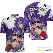 Load image into Gallery viewer, Front and back views of a white and purple bowling quarter zip with paint-splatter patterns, featuring a smiling hippo in sunglasses, bowling pins, and a red bowling ball.