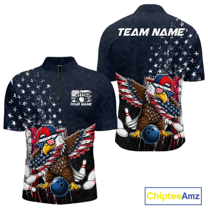Front and back views of a dark patriotic bowling quarter zip with distressed stars-and-stripes graphics, a eagle , bowling pins, and custom team text.